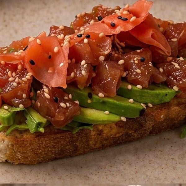Tuna poke and avocado toast with sesame seeds and pickled ginger on a light plate.