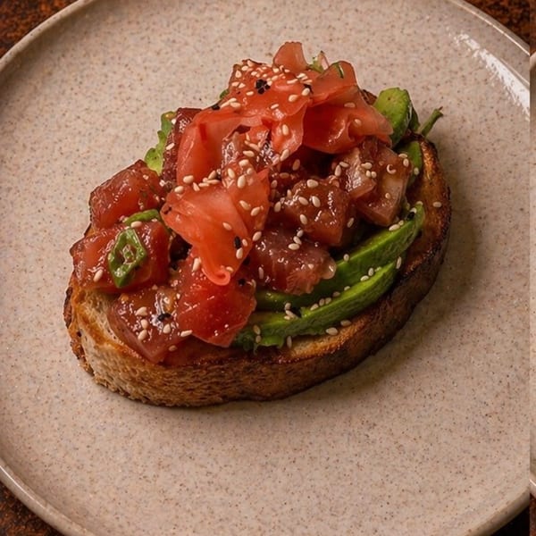 Tuna poke and avocado toast topped with pickled ginger and sesame seeds on a speckled plate.