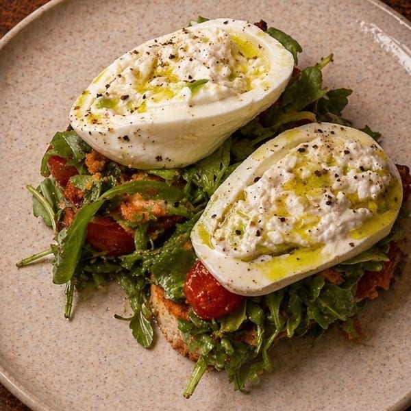 Two halves of burrata cheese drizzled with olive oil and pepper, atop arugula, tomatoes, and croutons.