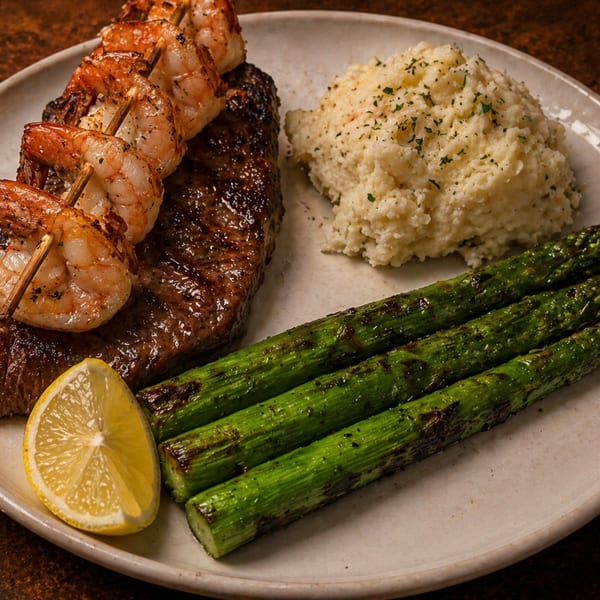 Grilled steak and shrimp skewers with mashed potatoes, asparagus, and a lemon wedge on a plate.